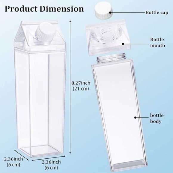 Milk Carton Water Bottle 17oz (500mL) Plastic Clear Square Milk Bottles No BPA - Picture 3 of 5